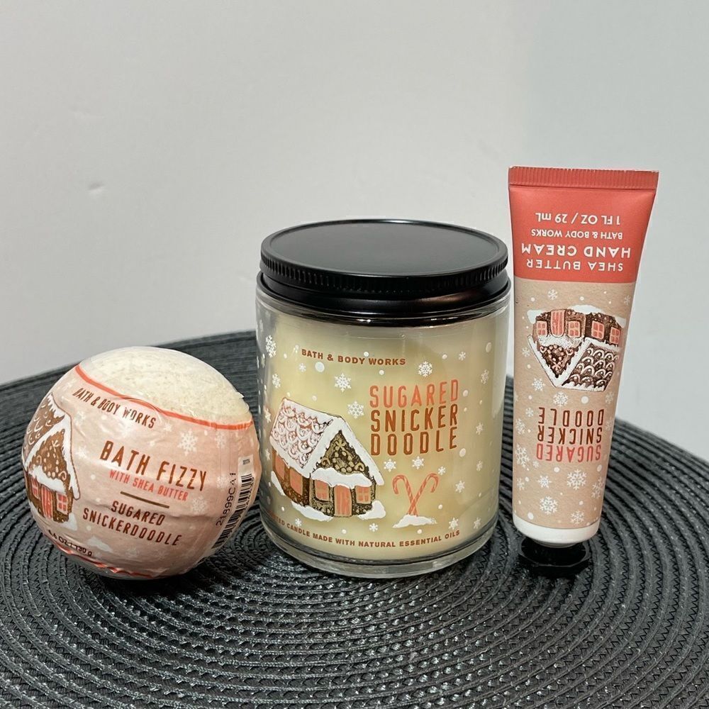 BBW Sugar Snickerdoodle single wick candle, Hand Cream and Bath Fizzy NWT